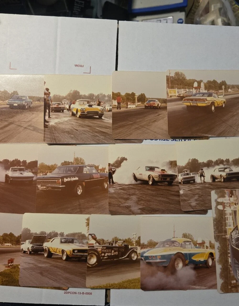 American Vintage Photo Set Featuring Yellow and Blue Drag Racing Cars